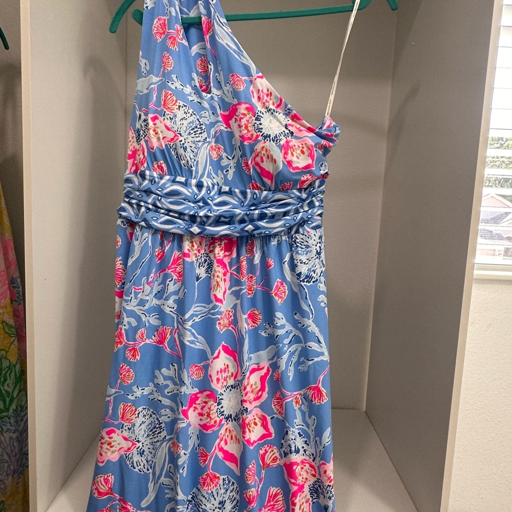 Lilly Pulitzer One-Shoulder Floral Sheath Dress in Turquoise and Pink - Picture 2 of 7